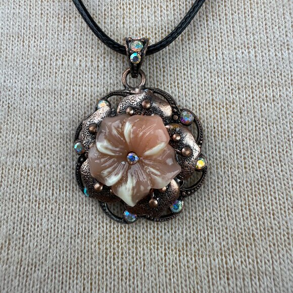 Jewelry - Copper Pink Enamel Rhinestone Flower Pendant Black Cord 22.5"